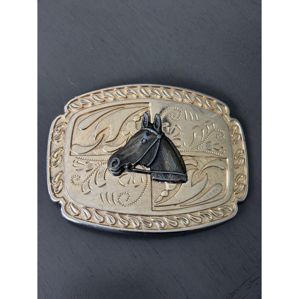 Vintage Western Horse Head Belt Buckle Two Tone Gold Silver Equestrian Cowboy